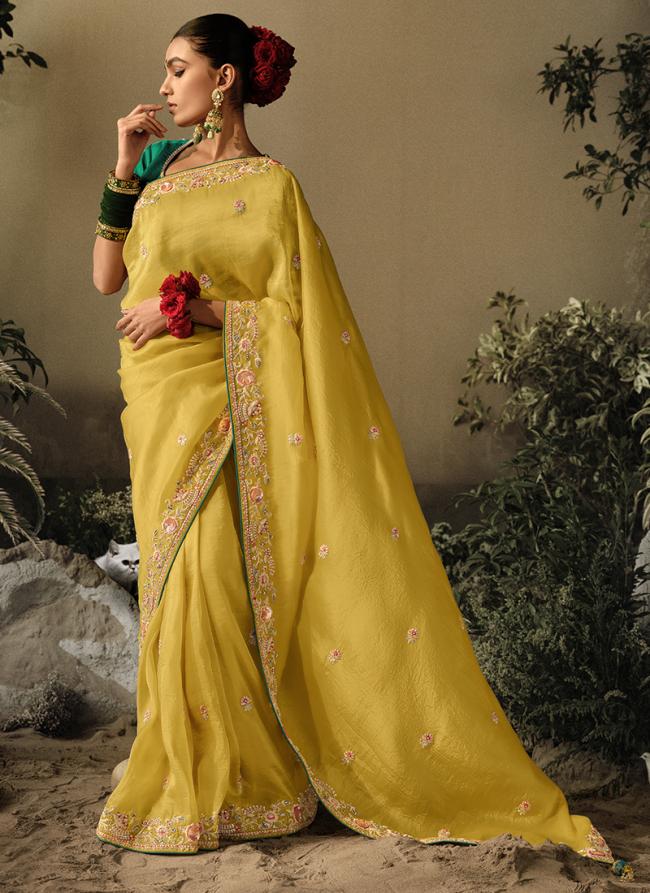 Pure Fancy Fabric Yellow Wedding Wear Heavy Embroidery Work Saree